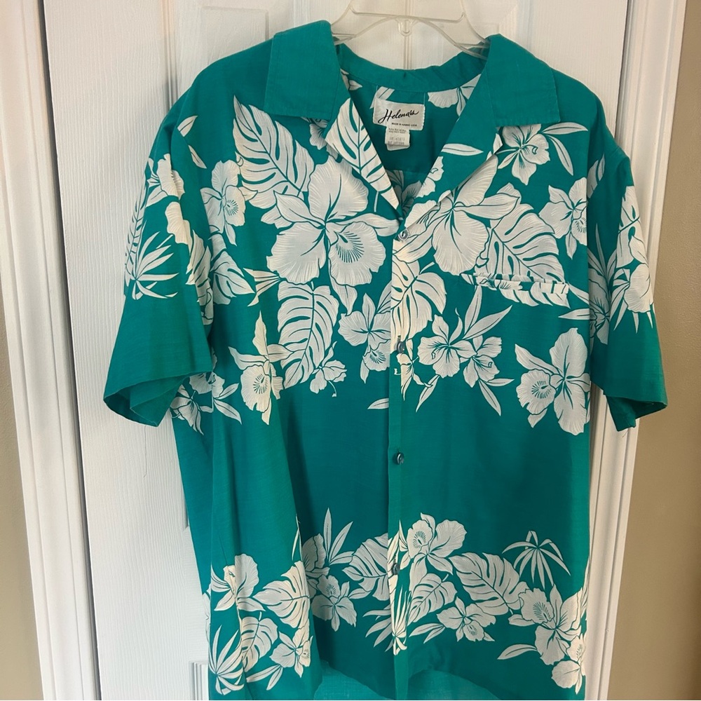 Helena's Hawaiian Men's XL Shirt Teal White Hibiscus Palm Floral Print